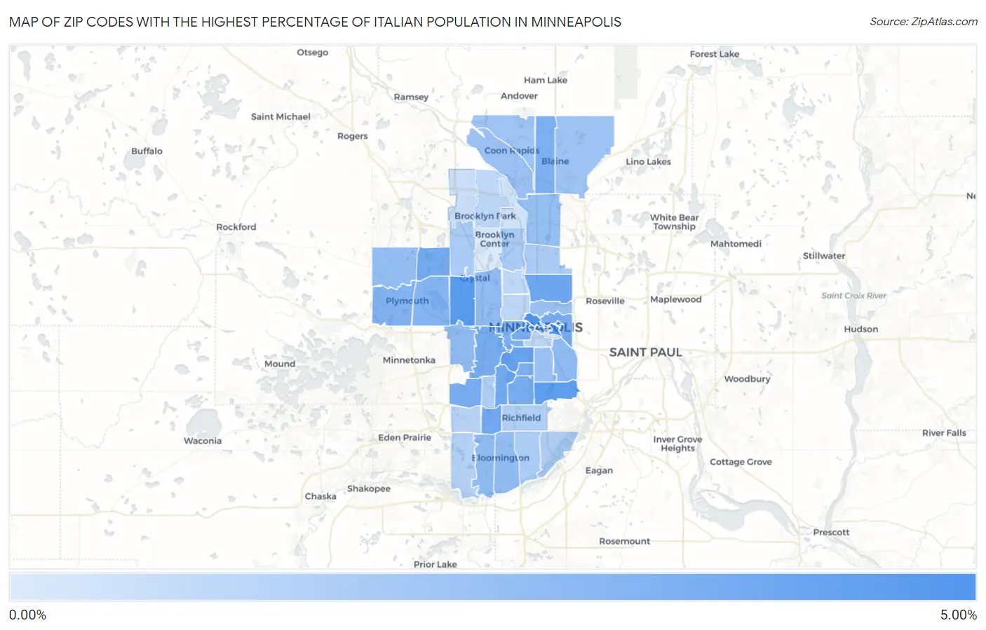 Zip Codes with the Highest Percentage of Italian Population in Minneapolis Map