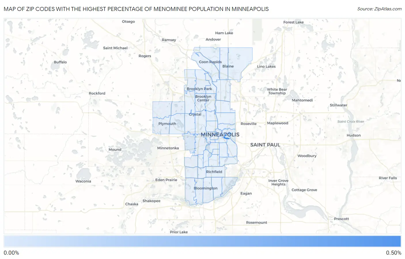 Zip Codes with the Highest Percentage of Menominee Population in Minneapolis Map
