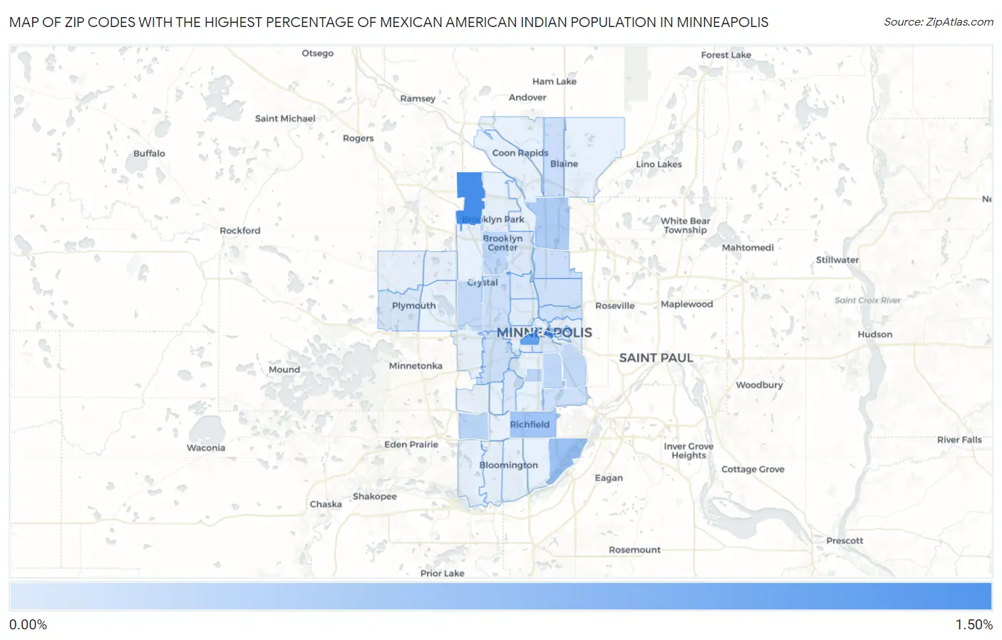 Zip Codes with the Highest Percentage of Mexican American Indian Population in Minneapolis Map