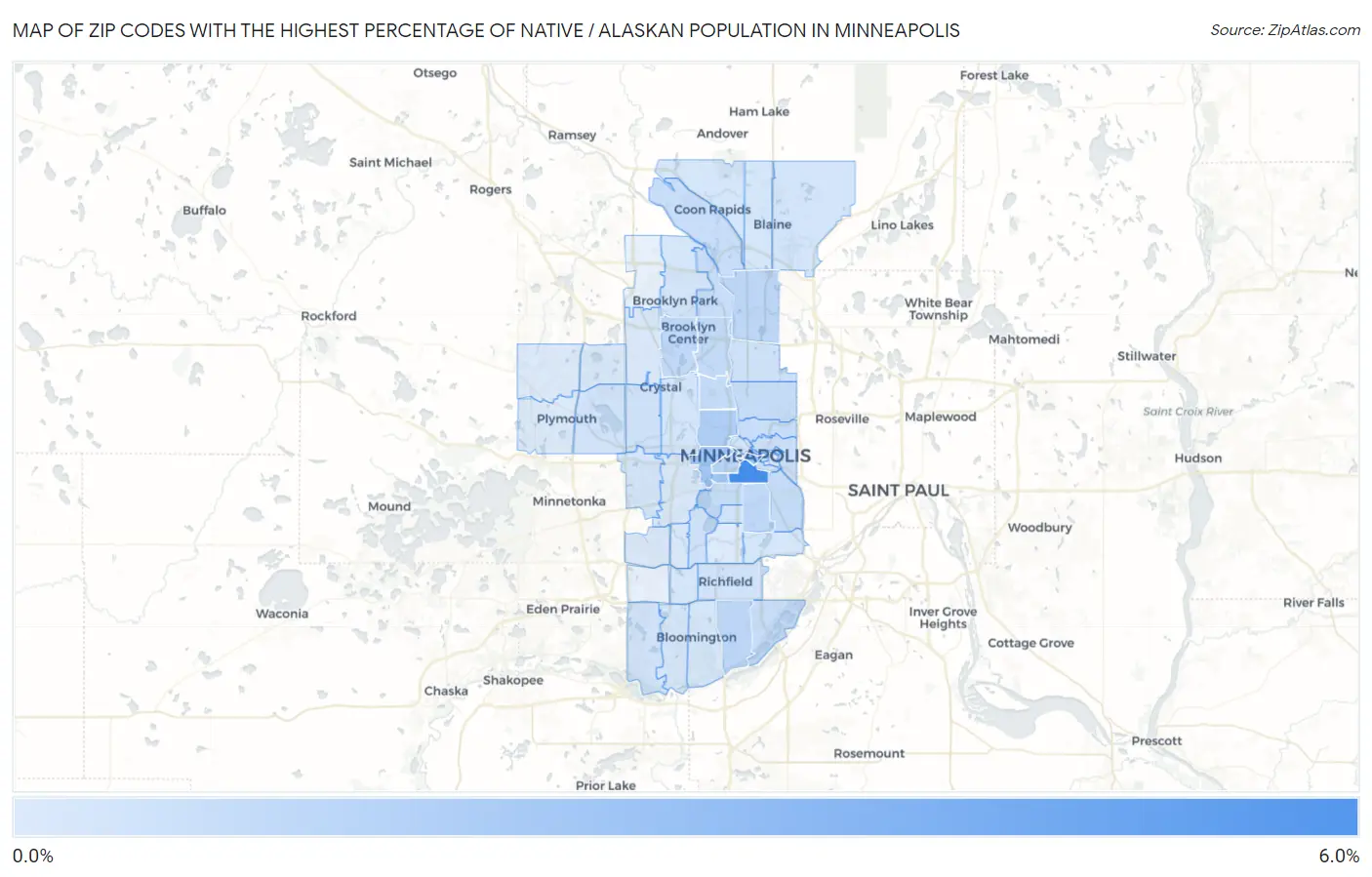 Zip Codes with the Highest Percentage of Native / Alaskan Population in Minneapolis Map