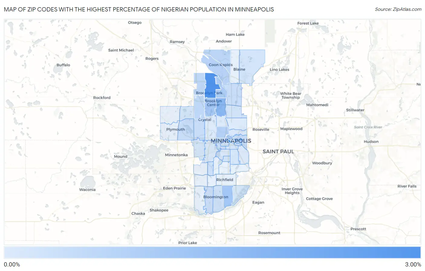 Zip Codes with the Highest Percentage of Nigerian Population in Minneapolis Map