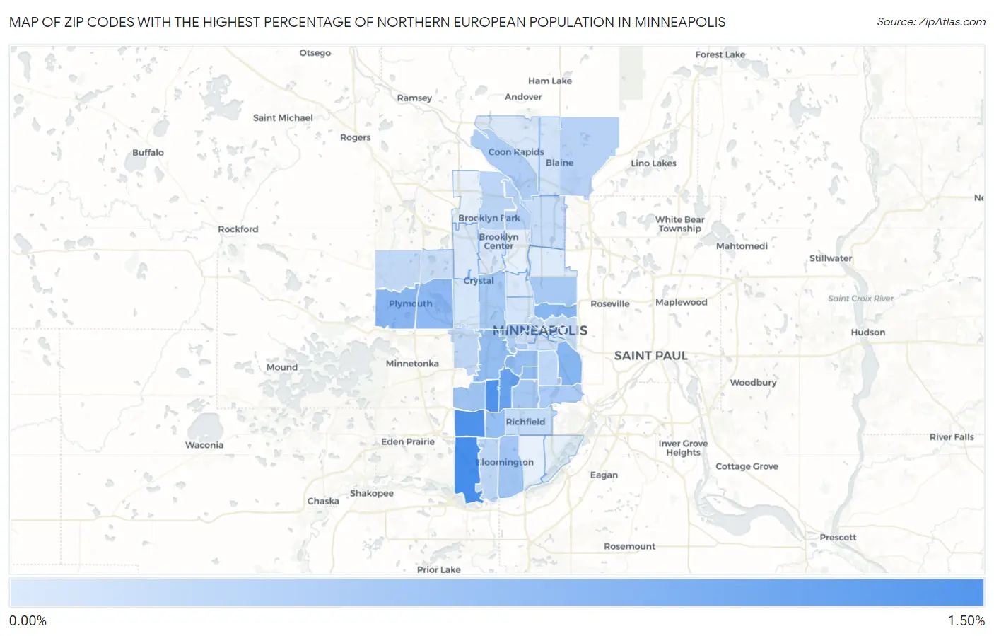 Zip Codes with the Highest Percentage of Northern European Population in Minneapolis Map