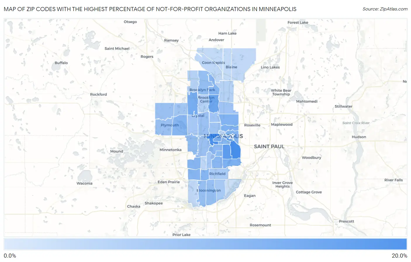 Zip Codes with the Highest Percentage of Not-for-profit Organizations in Minneapolis Map