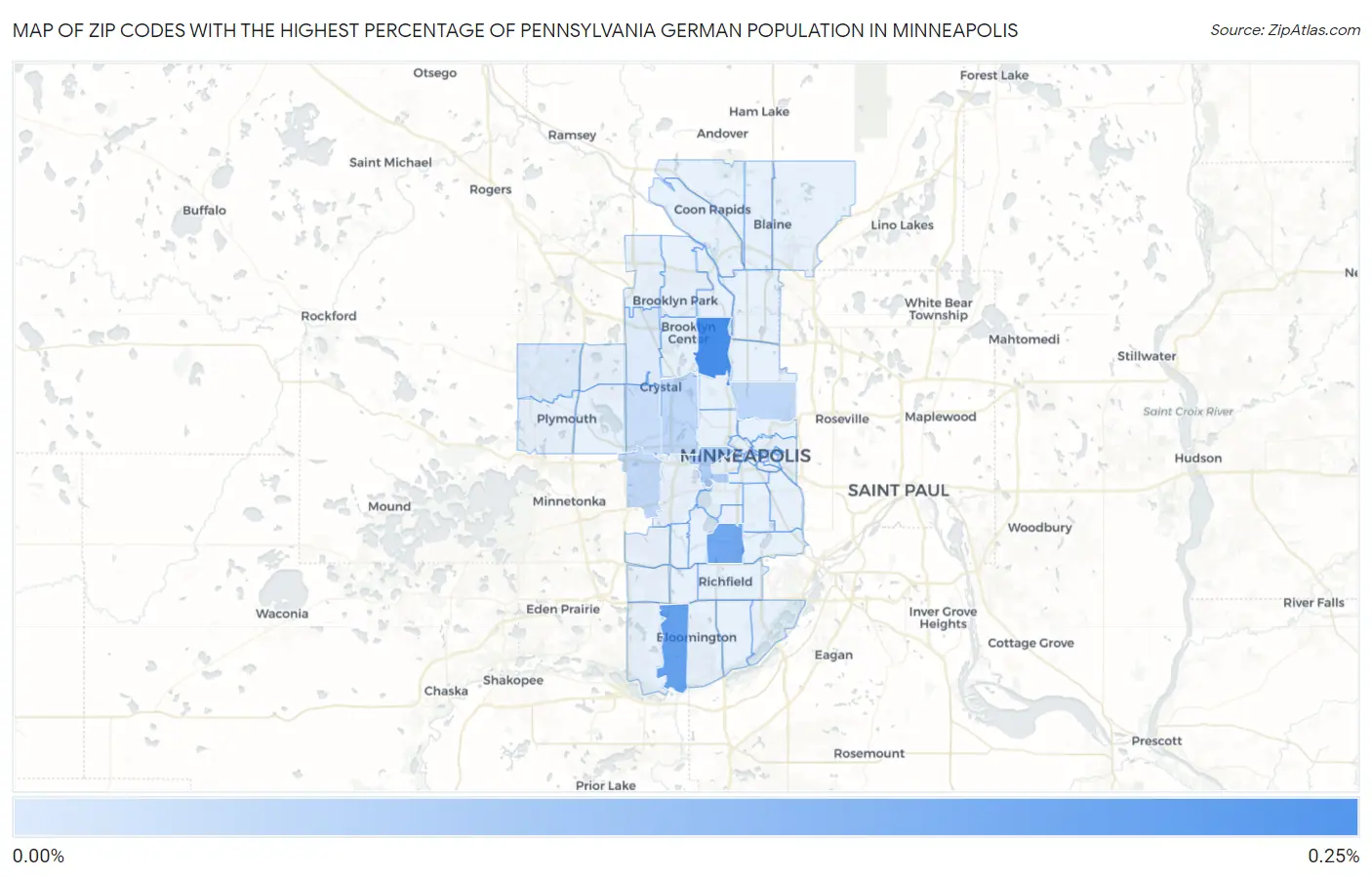 Zip Codes with the Highest Percentage of Pennsylvania German Population in Minneapolis Map