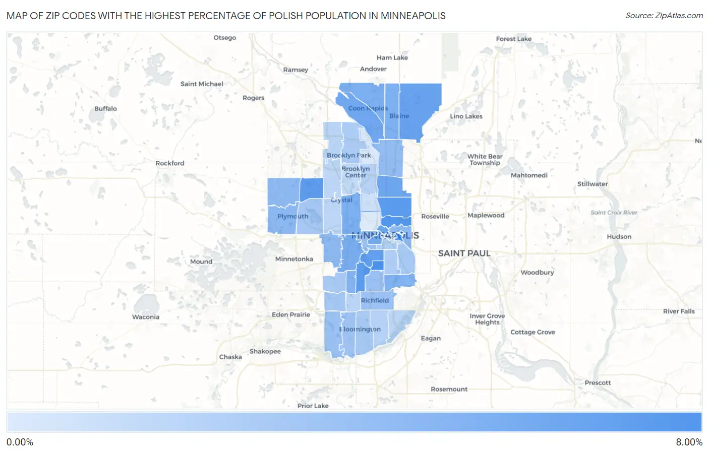 Zip Codes with the Highest Percentage of Polish Population in Minneapolis Map