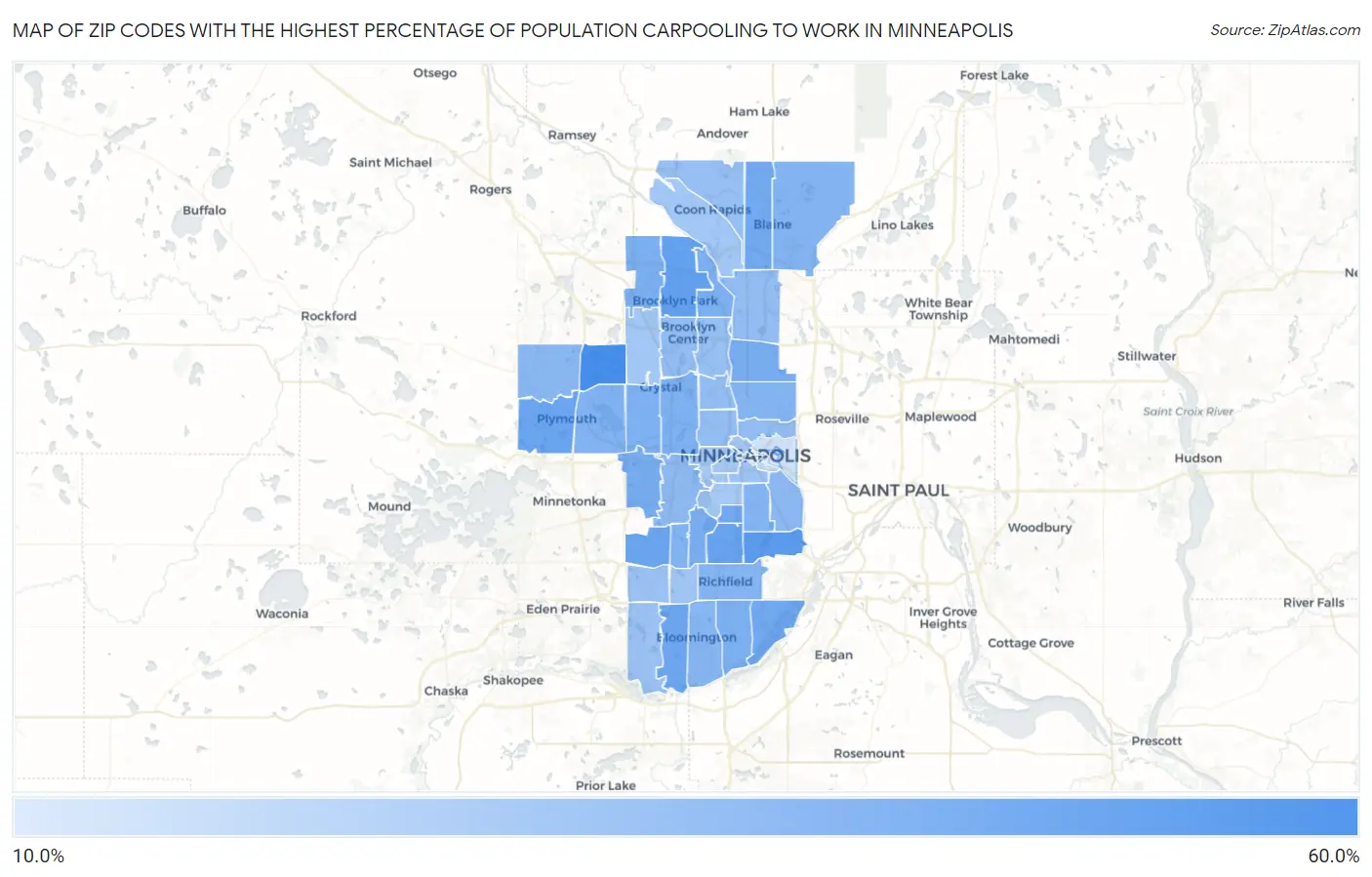Zip Codes with the Highest Percentage of Population Carpooling to Work in Minneapolis Map