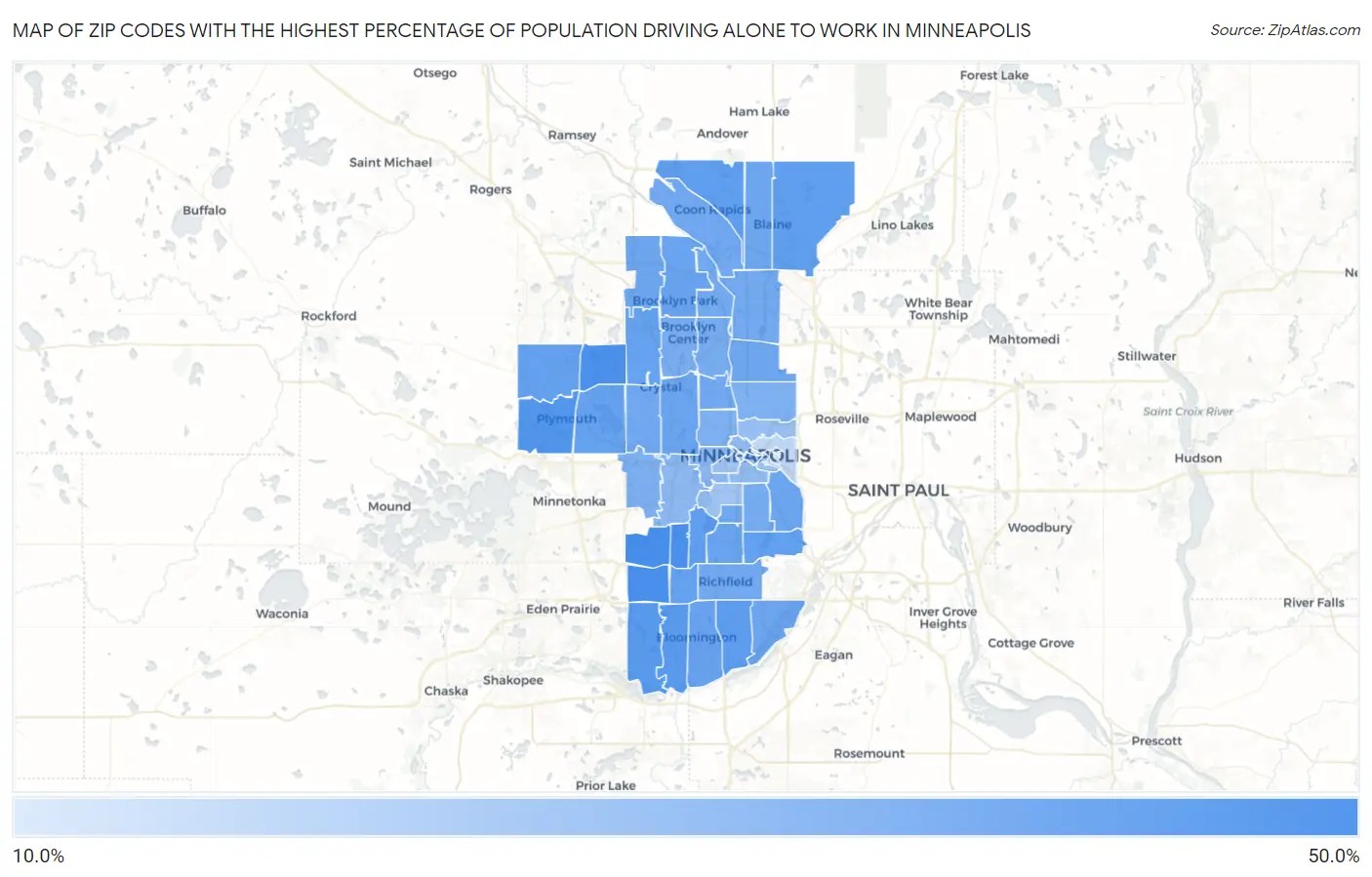 Zip Codes with the Highest Percentage of Population Driving Alone to Work in Minneapolis Map