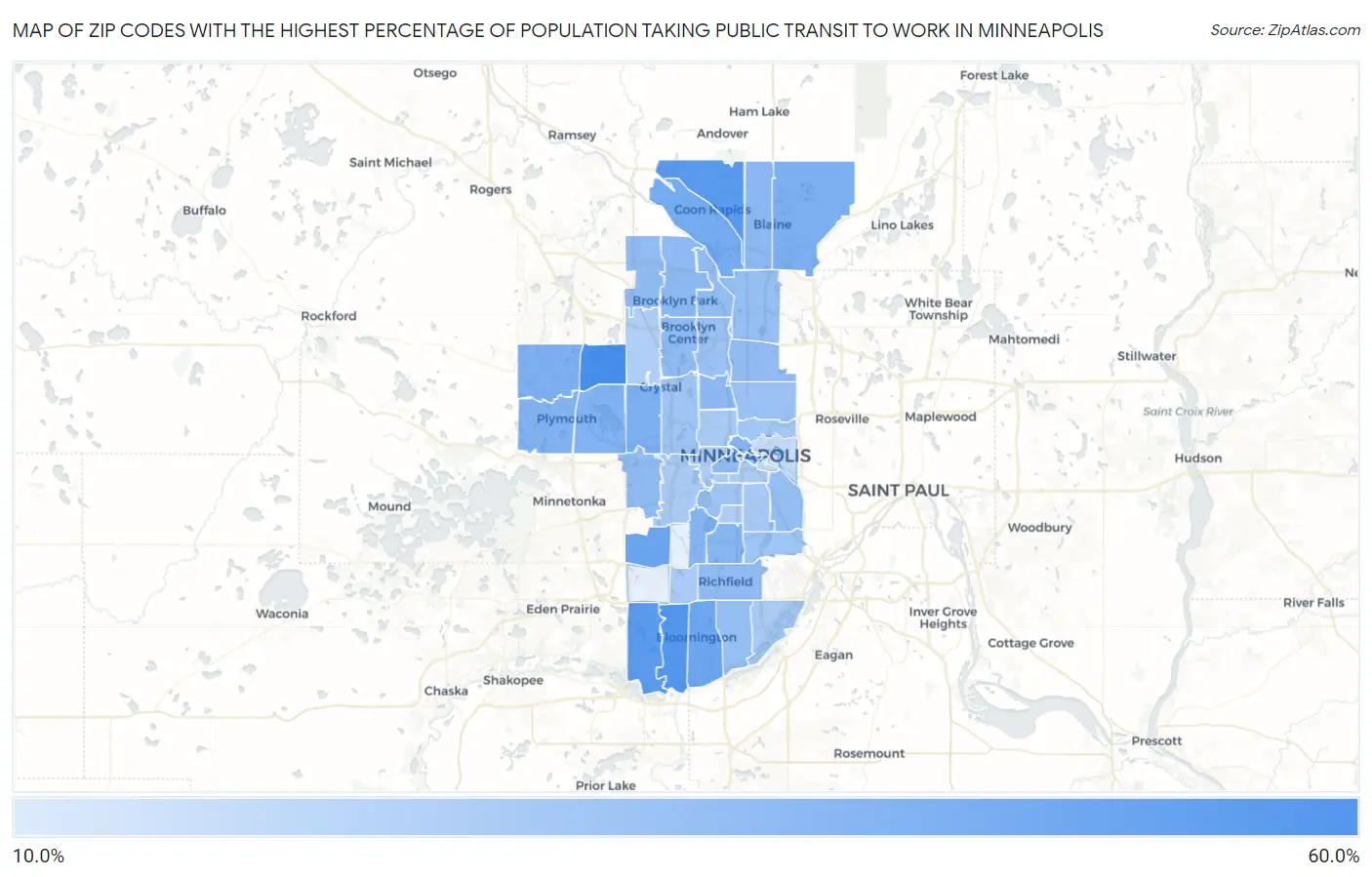 Zip Codes with the Highest Percentage of Population Taking Public Transit to Work in Minneapolis Map
