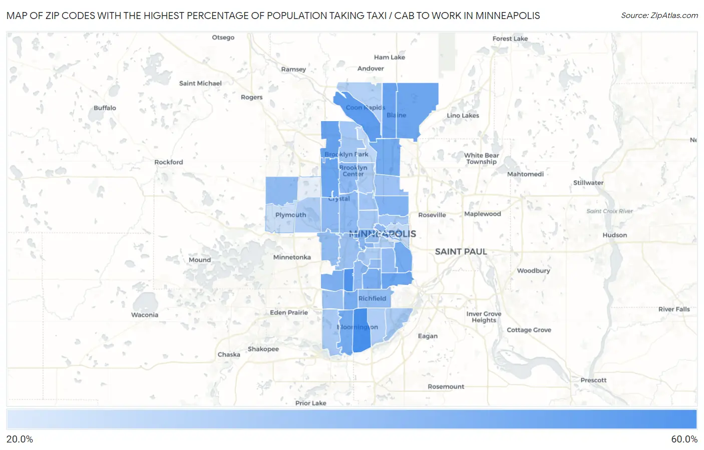 Zip Codes with the Highest Percentage of Population Taking Taxi / Cab to Work in Minneapolis Map