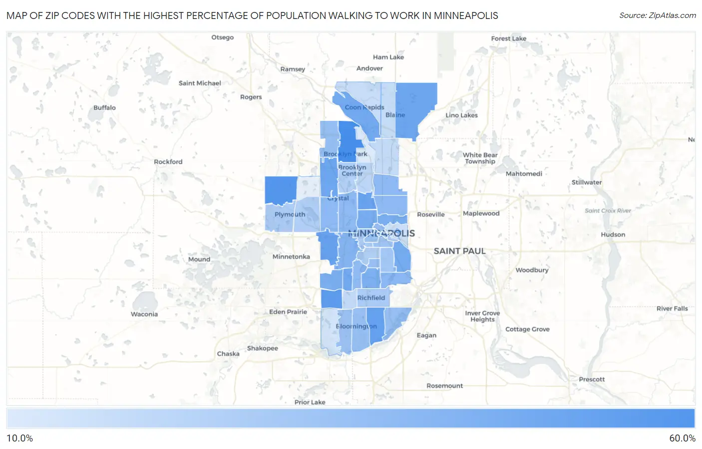 Zip Codes with the Highest Percentage of Population Walking to Work in Minneapolis Map