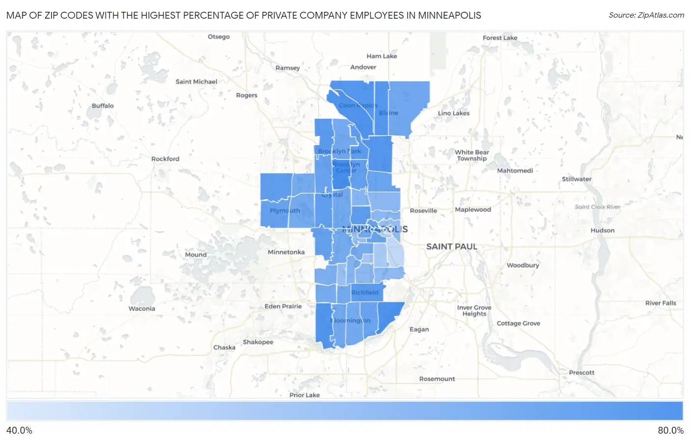 Zip Codes with the Highest Percentage of Private Company Employees in Minneapolis Map