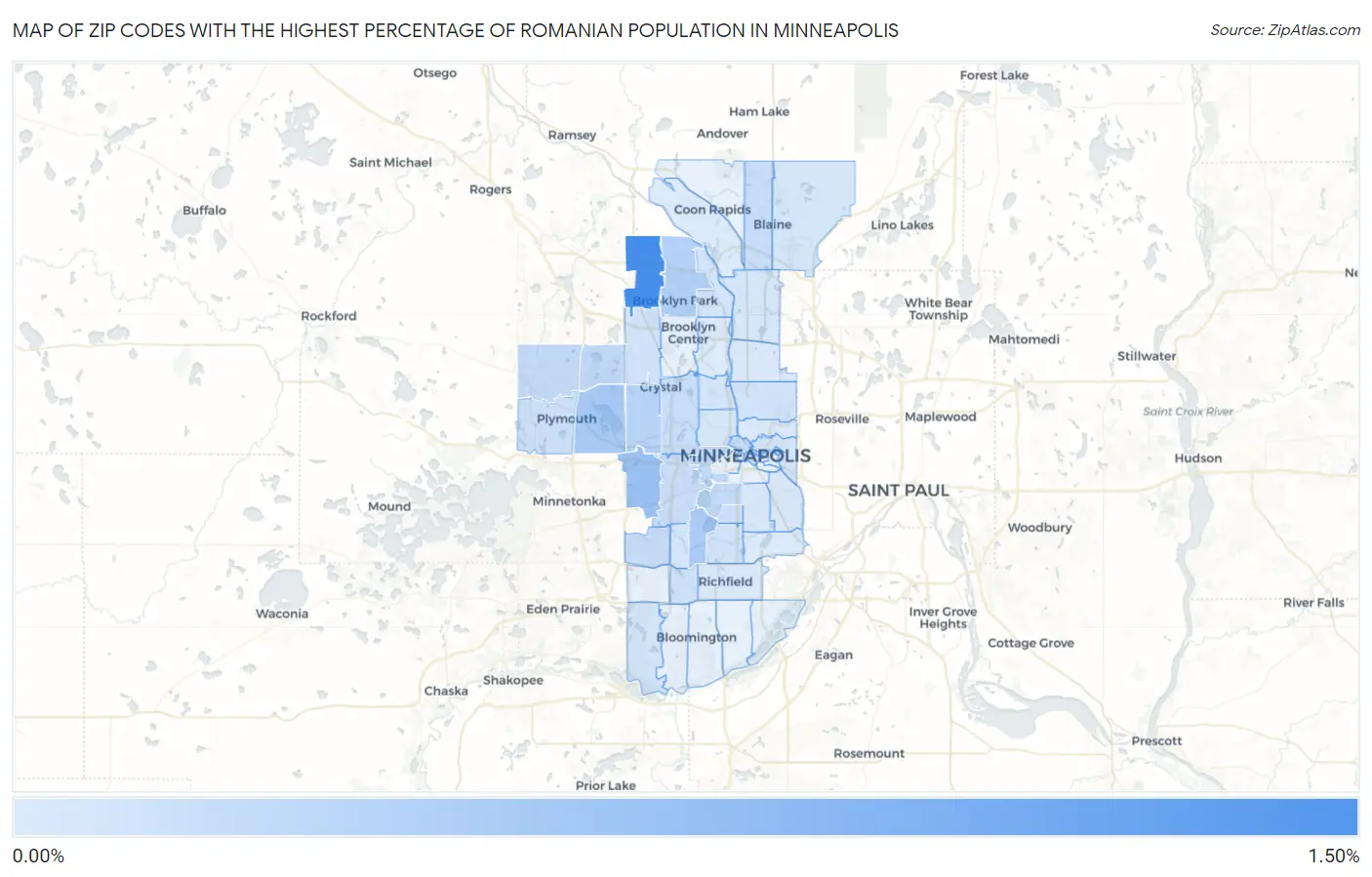 Zip Codes with the Highest Percentage of Romanian Population in Minneapolis Map