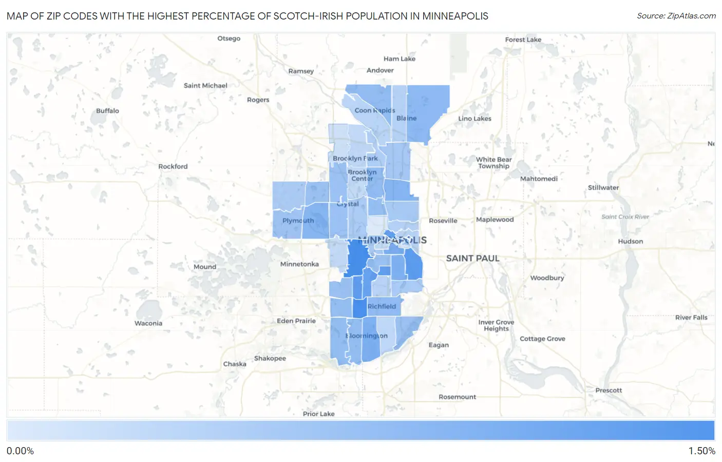 Zip Codes with the Highest Percentage of Scotch-Irish Population in Minneapolis Map