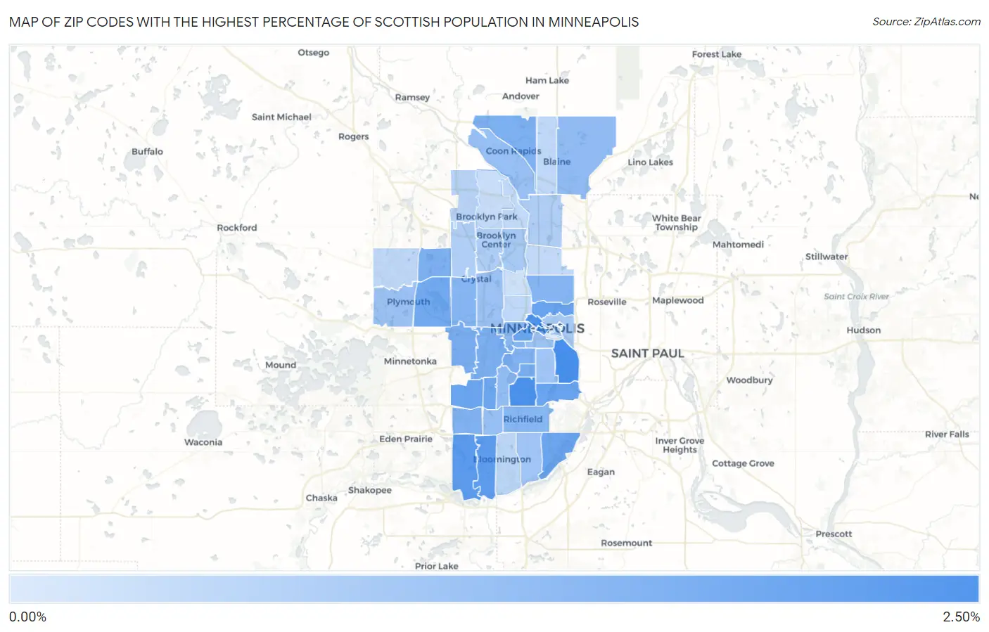Zip Codes with the Highest Percentage of Scottish Population in Minneapolis Map