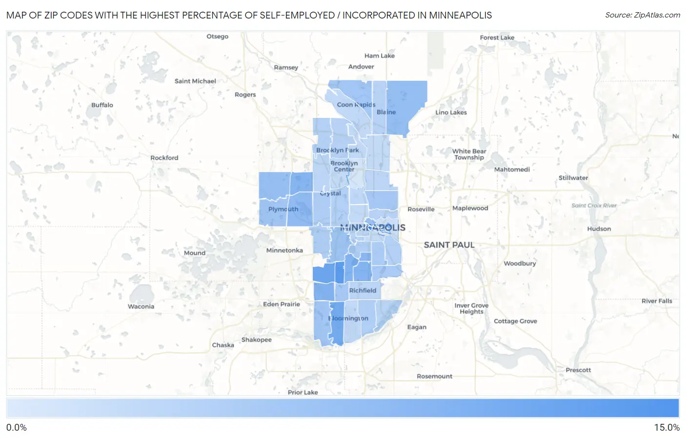 Zip Codes with the Highest Percentage of Self-Employed / Incorporated in Minneapolis Map