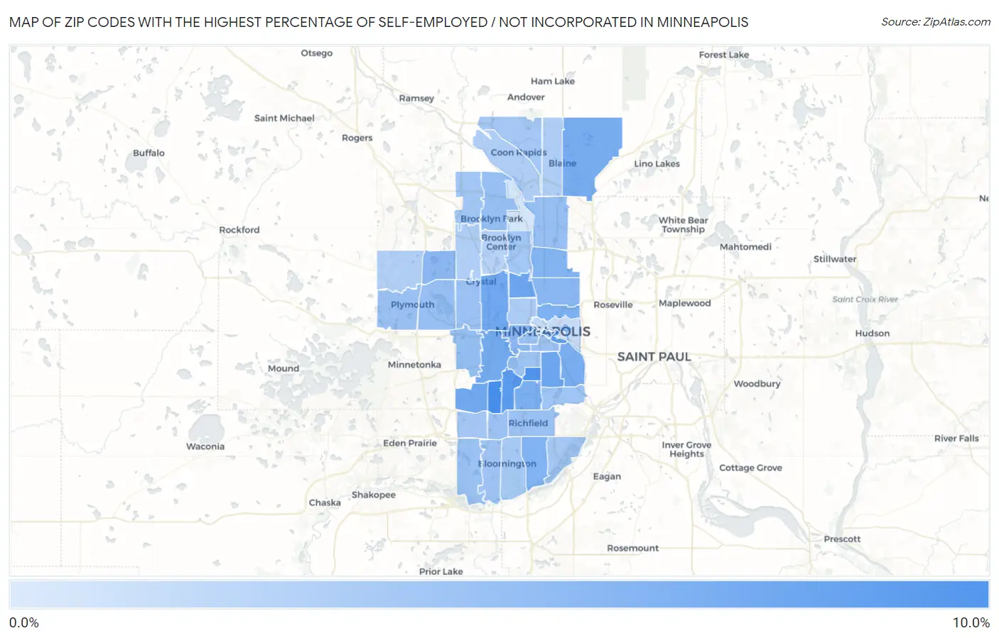 Zip Codes with the Highest Percentage of Self-Employed / Not Incorporated in Minneapolis Map