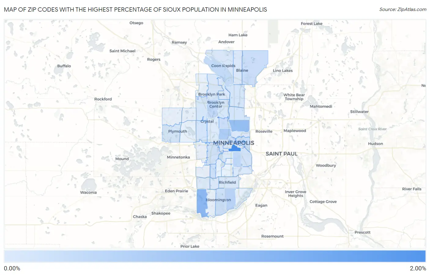 Zip Codes with the Highest Percentage of Sioux Population in Minneapolis Map