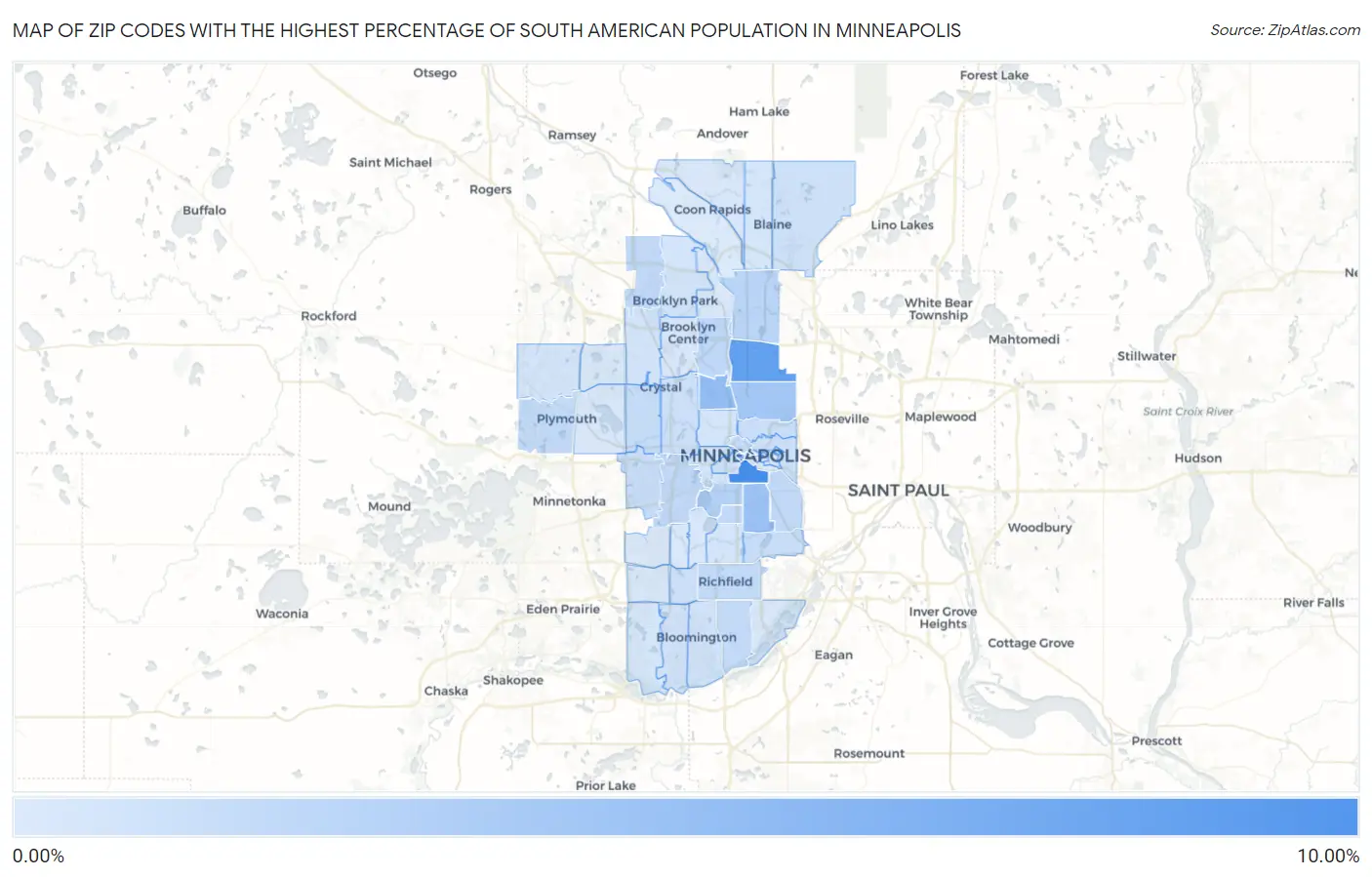 Zip Codes with the Highest Percentage of South American Population in Minneapolis Map