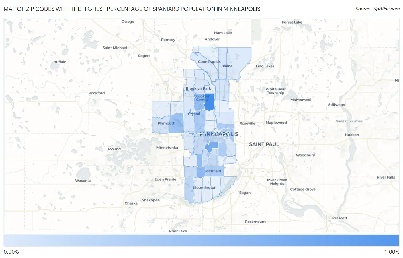 Zip Codes with the Highest Percentage of Spaniard Population in Minneapolis Map