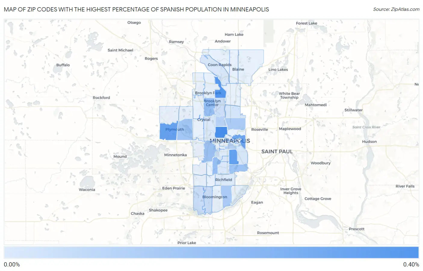 Zip Codes with the Highest Percentage of Spanish Population in Minneapolis Map