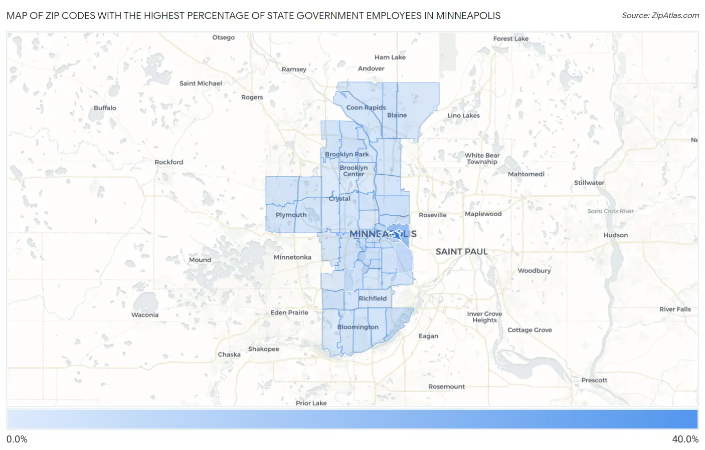 Zip Codes with the Highest Percentage of State Government Employees in Minneapolis Map