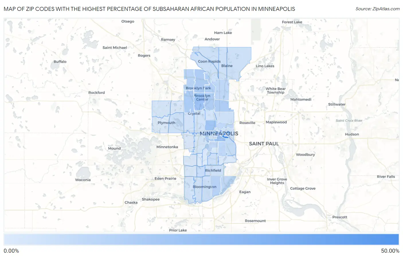 Zip Codes with the Highest Percentage of Subsaharan African Population in Minneapolis Map