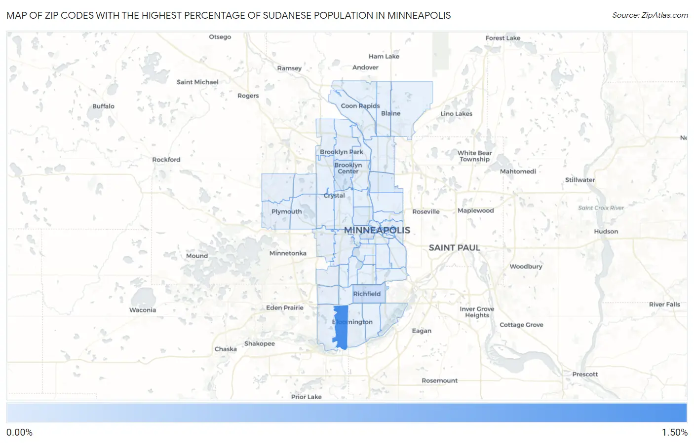 Zip Codes with the Highest Percentage of Sudanese Population in Minneapolis Map