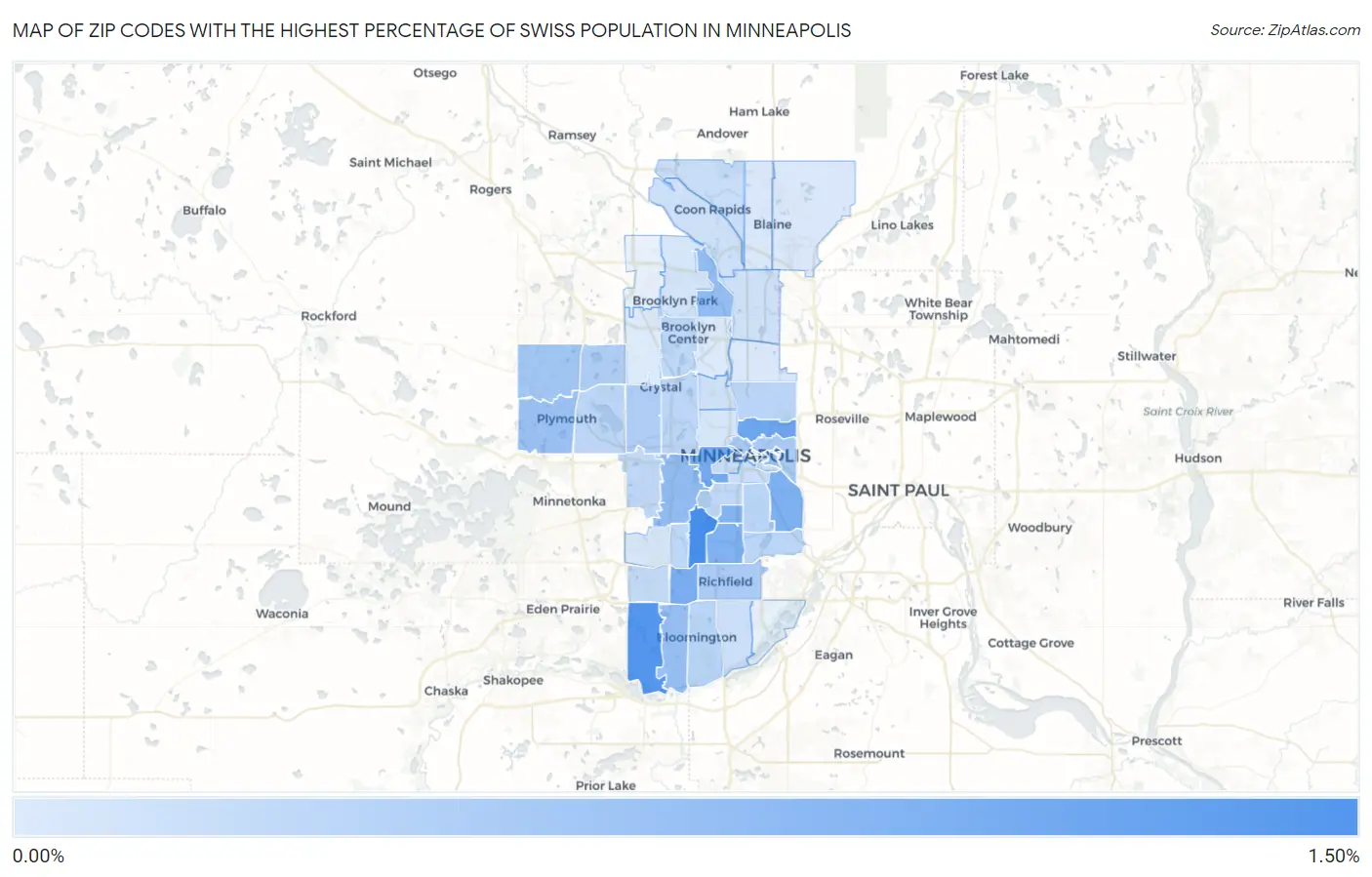 Zip Codes with the Highest Percentage of Swiss Population in Minneapolis Map