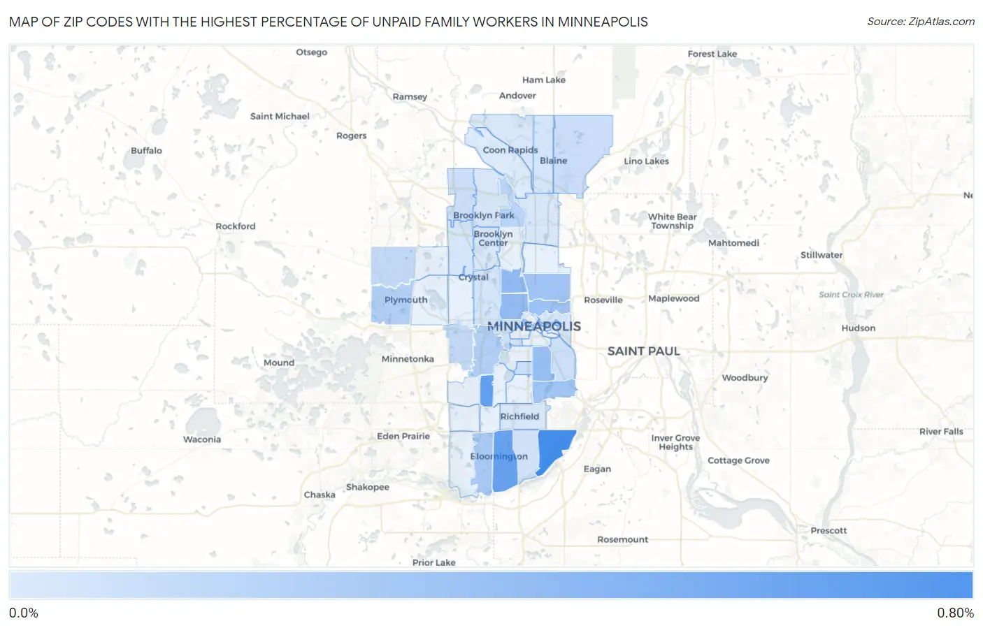 Zip Codes with the Highest Percentage of Unpaid Family Workers in Minneapolis Map
