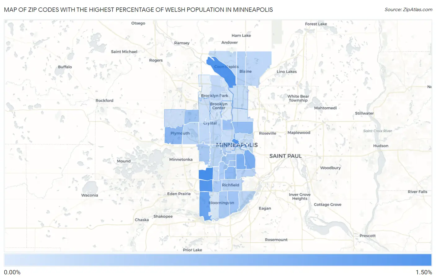 Zip Codes with the Highest Percentage of Welsh Population in Minneapolis Map