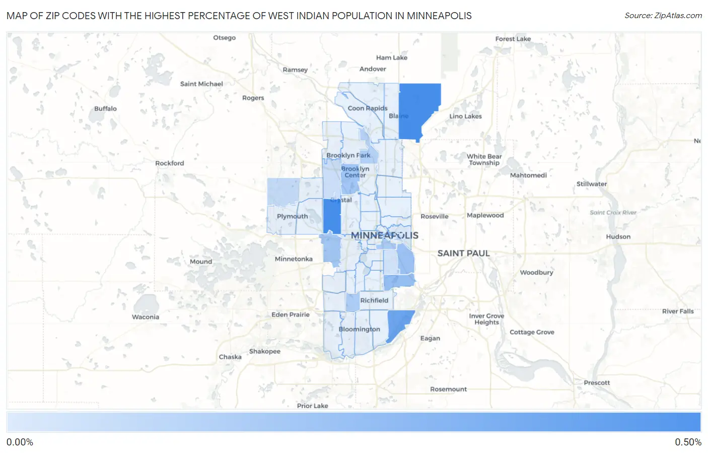 Zip Codes with the Highest Percentage of West Indian Population in Minneapolis Map