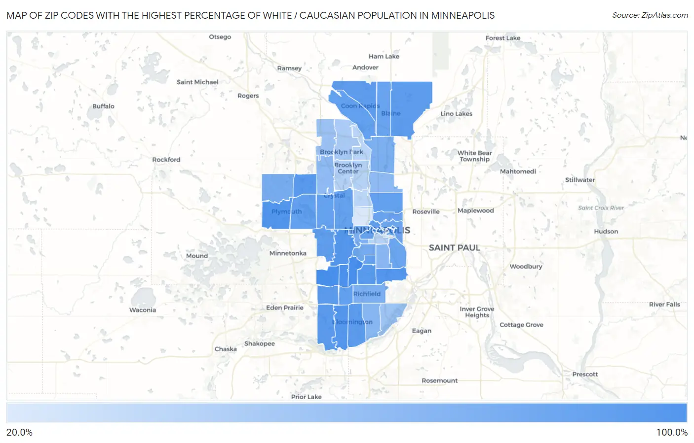 Zip Codes with the Highest Percentage of White / Caucasian Population in Minneapolis Map