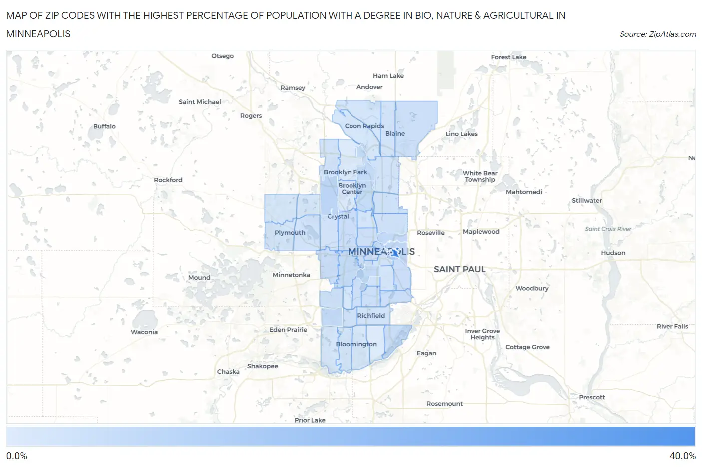 Zip Codes with the Highest Percentage of Population with a Degree in Bio, Nature & Agricultural in Minneapolis Map