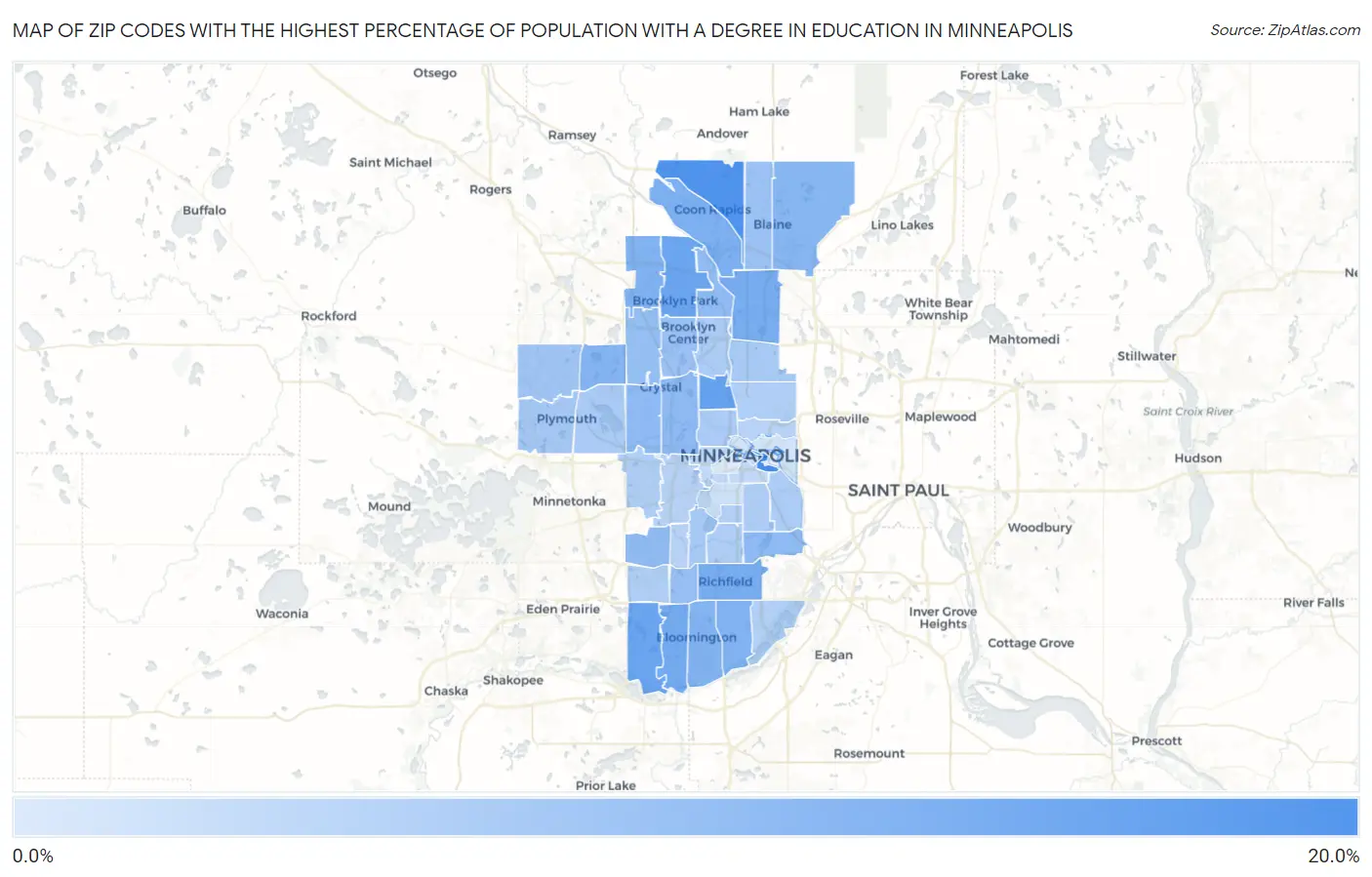 Zip Codes with the Highest Percentage of Population with a Degree in Education in Minneapolis Map