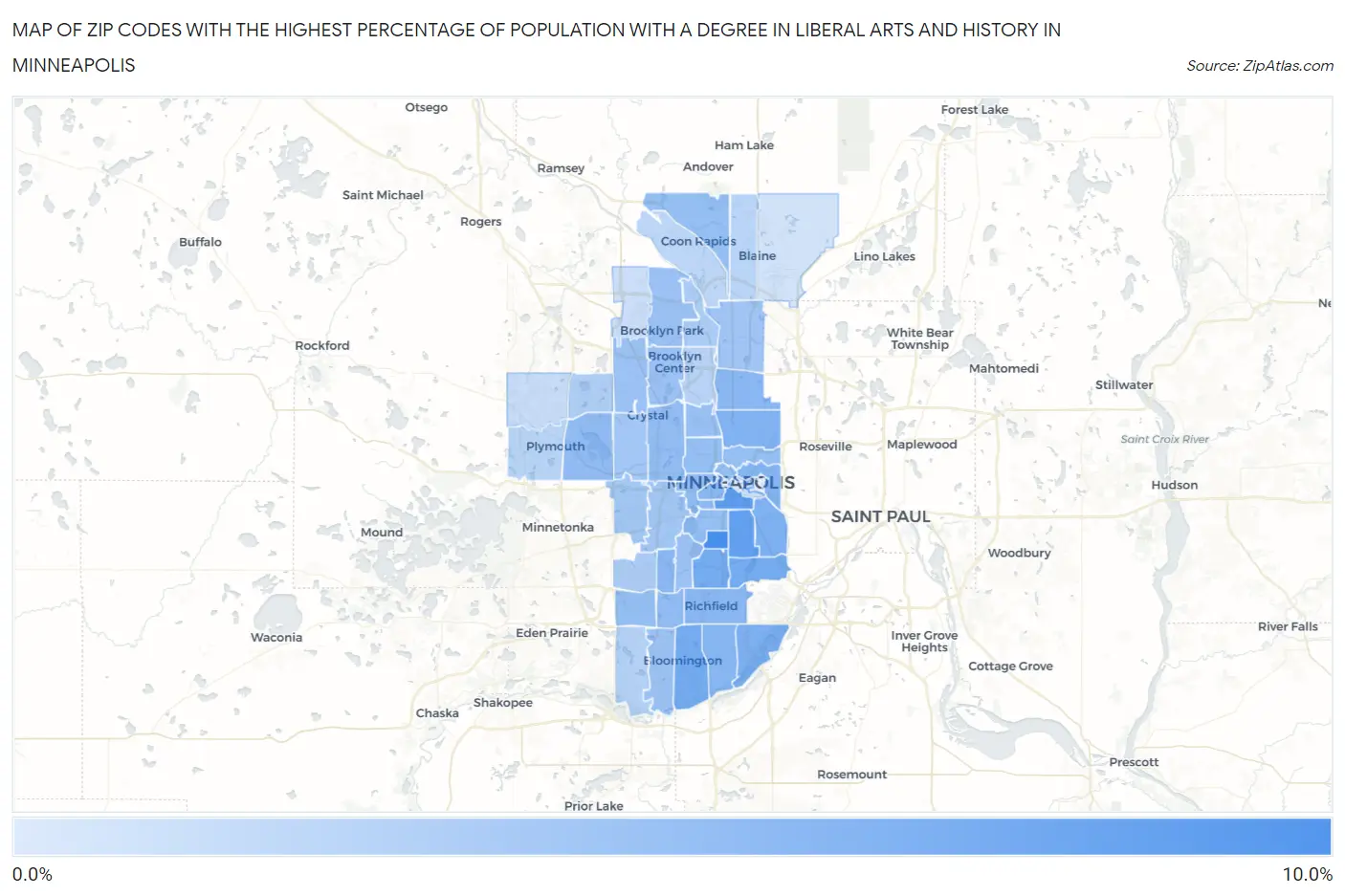 Zip Codes with the Highest Percentage of Population with a Degree in Liberal Arts and History in Minneapolis Map