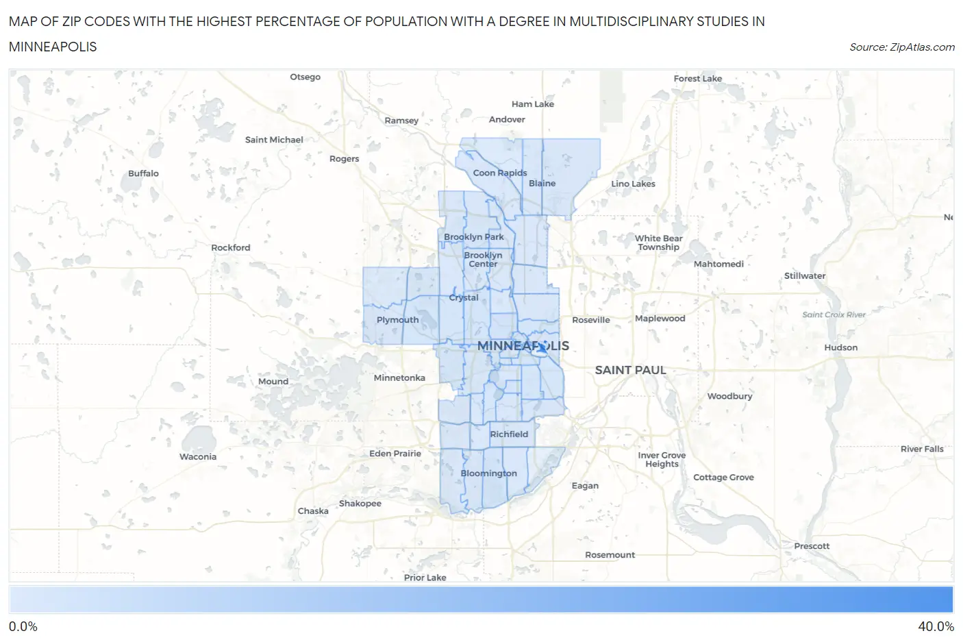 Zip Codes with the Highest Percentage of Population with a Degree in Multidisciplinary Studies in Minneapolis Map