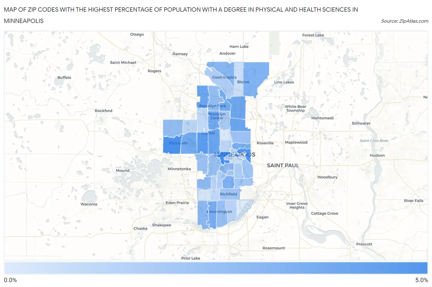 Zip Codes with the Highest Percentage of Population with a Degree in Physical and Health Sciences in Minneapolis Map