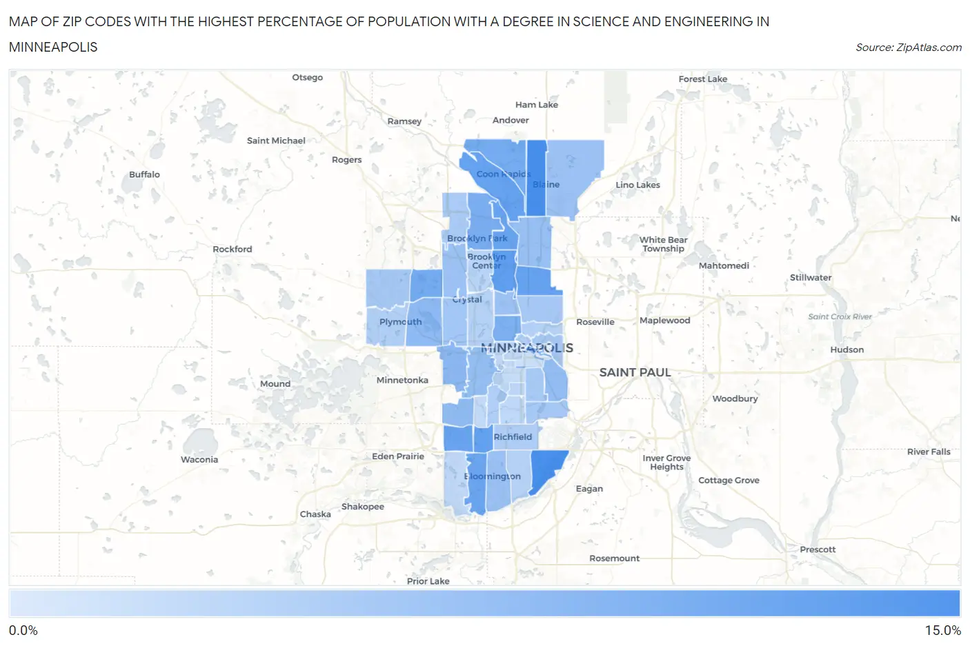 Zip Codes with the Highest Percentage of Population with a Degree in Science and Engineering in Minneapolis Map
