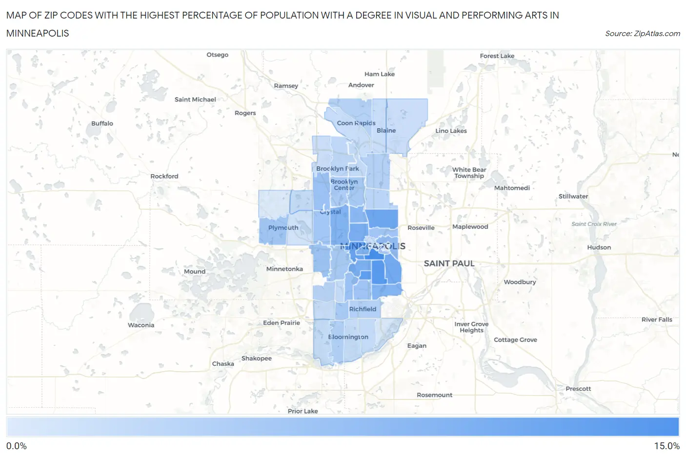 Zip Codes with the Highest Percentage of Population with a Degree in Visual and Performing Arts in Minneapolis Map