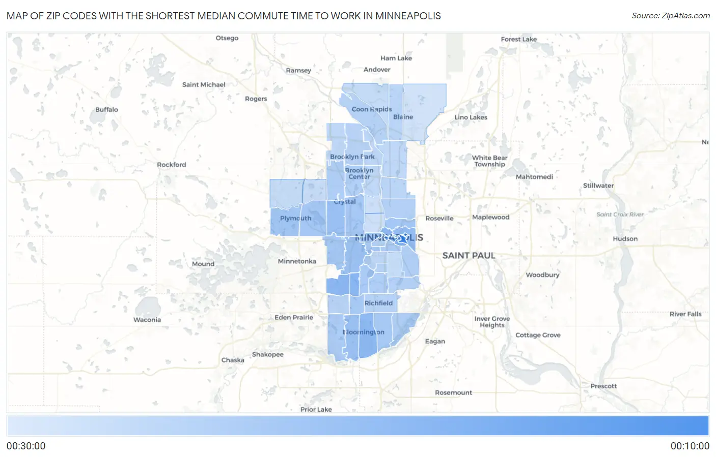 Zip Codes with the Shortest Median Commute Time to Work in Minneapolis Map