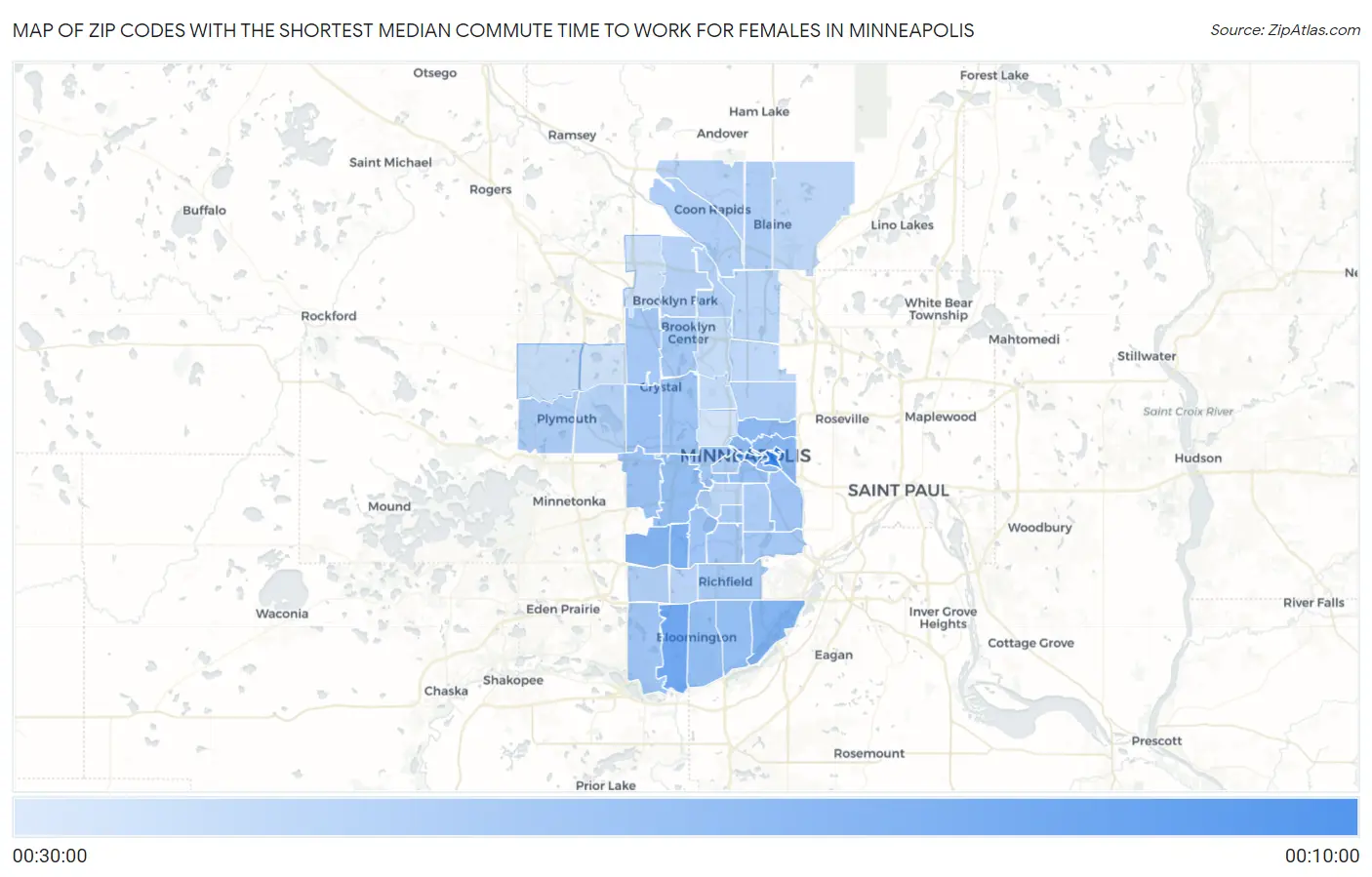 Zip Codes with the Shortest Median Commute Time to Work for Females in Minneapolis Map