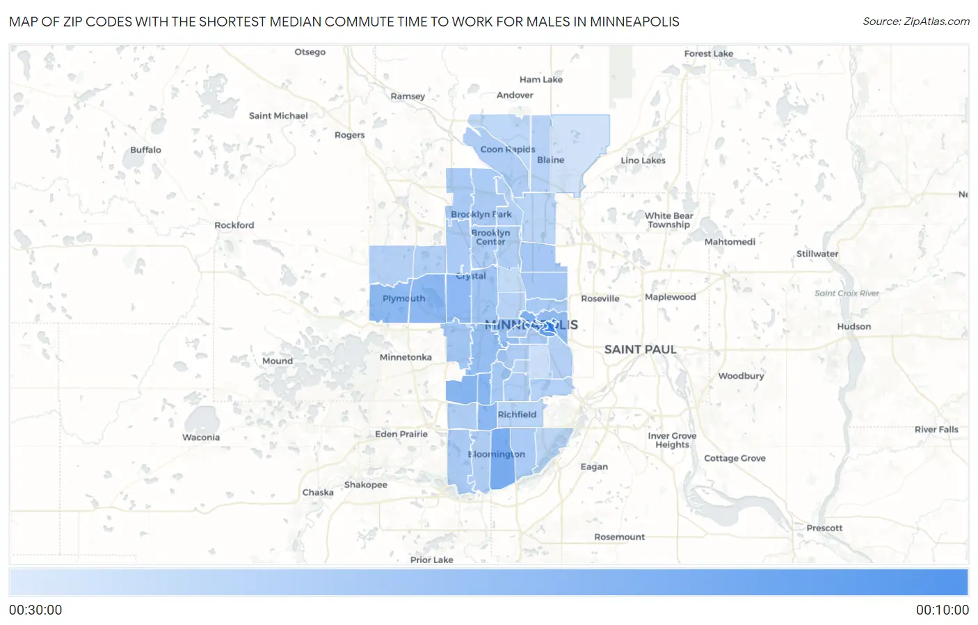 Zip Codes with the Shortest Median Commute Time to Work for Males in Minneapolis Map