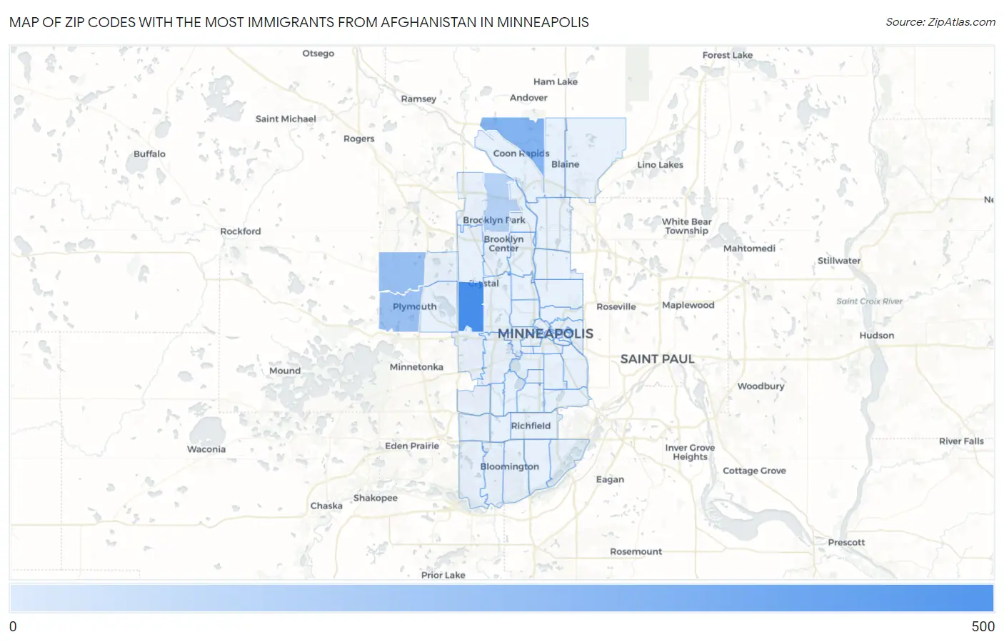 Zip Codes with the Most Immigrants from Afghanistan in Minneapolis Map