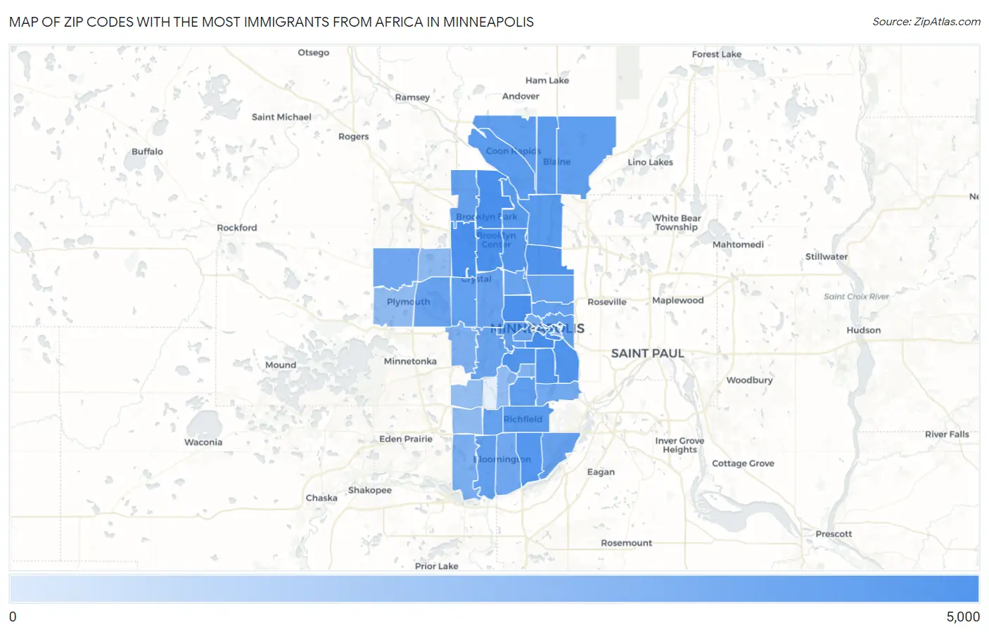 Zip Codes with the Most Immigrants from Africa in Minneapolis Map