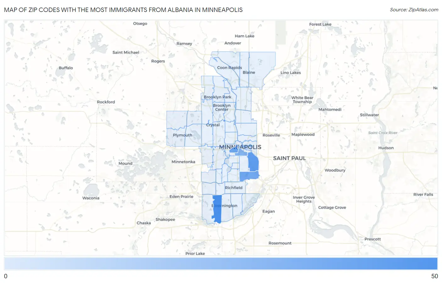 Zip Codes with the Most Immigrants from Albania in Minneapolis Map