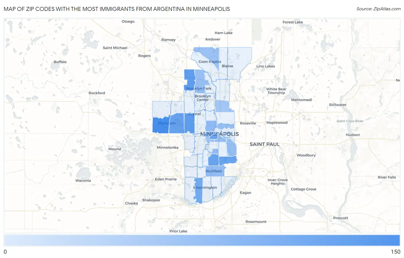 Zip Codes with the Most Immigrants from Argentina in Minneapolis Map