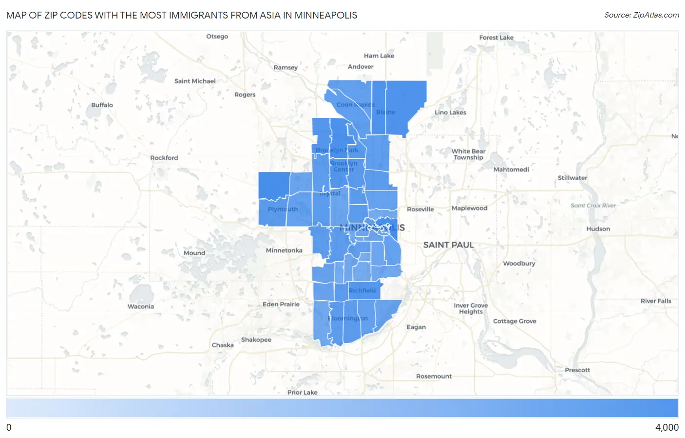 Zip Codes with the Most Immigrants from Asia in Minneapolis Map