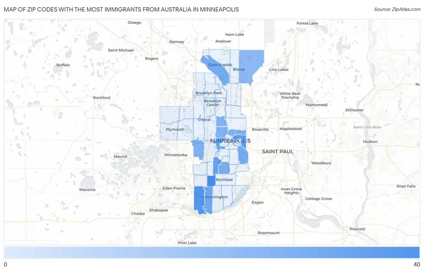 Zip Codes with the Most Immigrants from Australia in Minneapolis Map