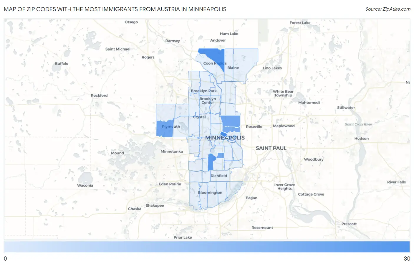 Zip Codes with the Most Immigrants from Austria in Minneapolis Map