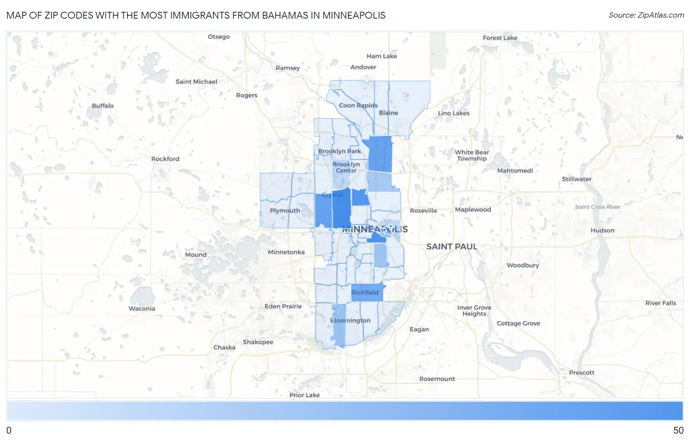 Zip Codes with the Most Immigrants from Bahamas in Minneapolis Map